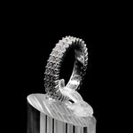 Elegant Moissanite Diamond Full Eternity Band Ring – 1.80ct Double Row displayed on a clear stand, showcasing its sparkling double row of stones against a black background.