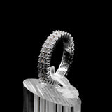 Elegant Moissanite Diamond Full Eternity Band Ring – 1.80ct Double Row displayed on a clear stand, showcasing its sparkling double row of stones against a black background.