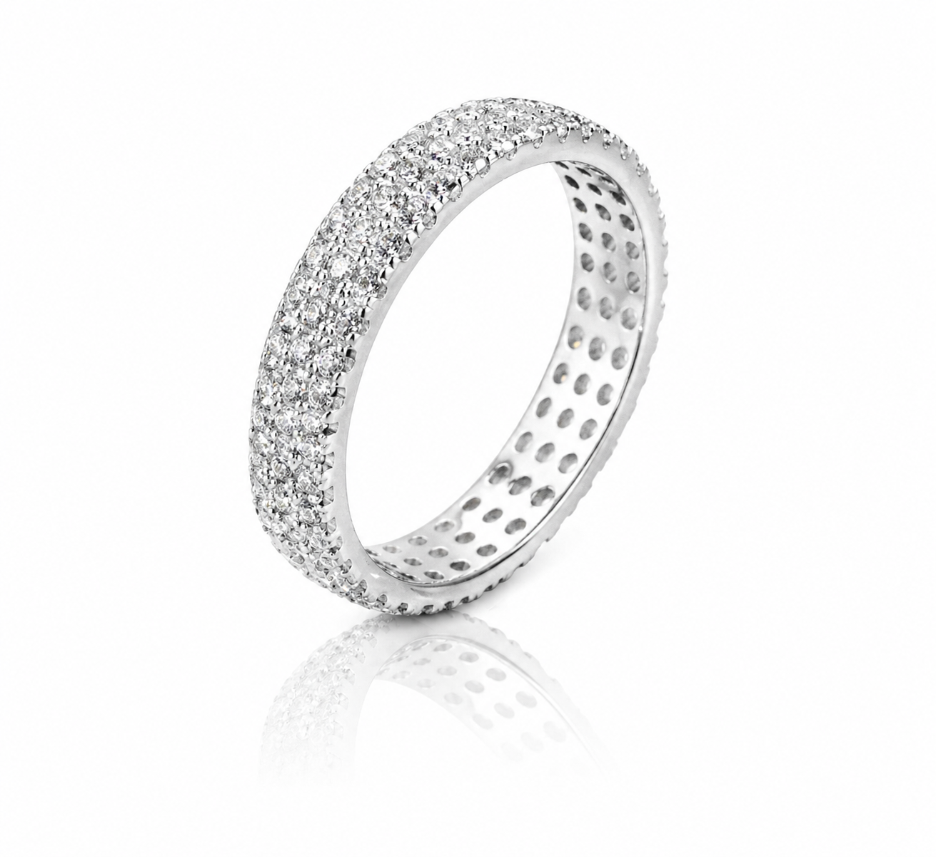 Moissanite 3-Row Full Eternity Pave Pinky Ring | GRA Certified featuring three rows of sparkling stones set in a polished band, designed for elegant everyday wear.
