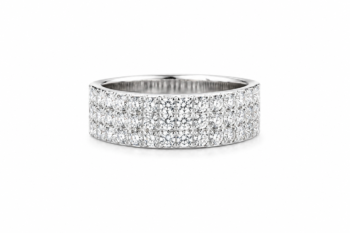 Mens Moissanite 3-Row Half Eternity Wedding Band 1.5CT | GRA, featuring multiple rows of sparkling moissanite stones set in a polished band for a refined and elegant look.