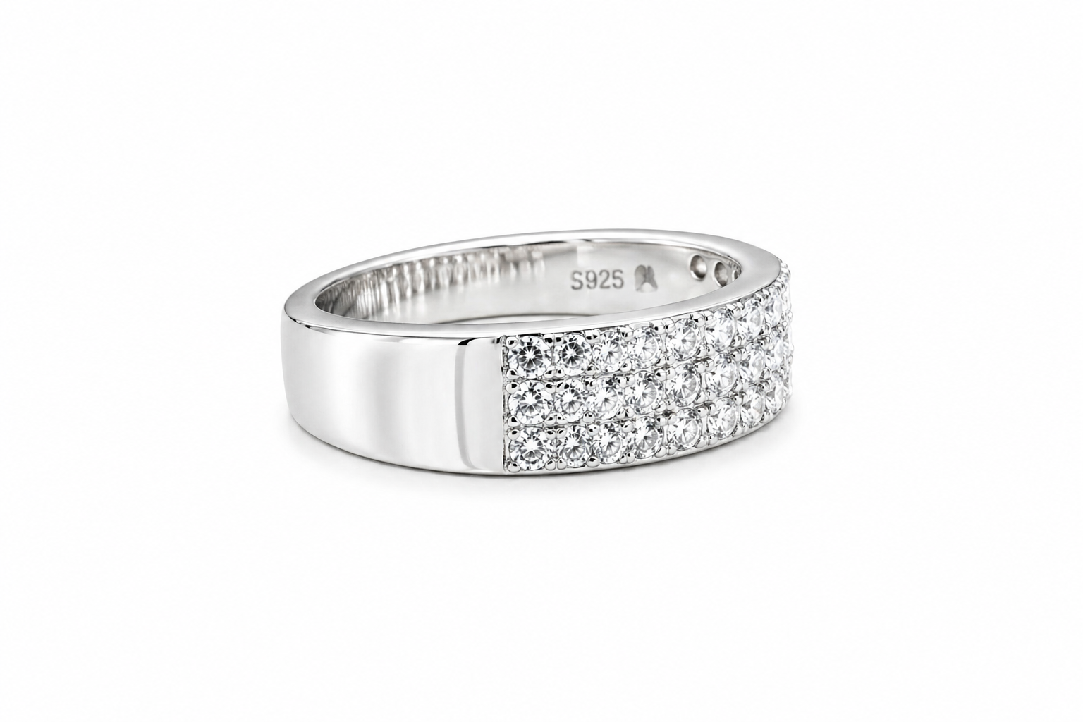 Mens Moissanite 3-Row Half Eternity Wedding Band 1.5CT | GRA featuring a sleek silver band with three rows of sparkling moissanite stones set halfway around the ring.