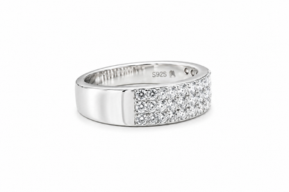 Mens Moissanite 3-Row Half Eternity Wedding Band 1.5CT | GRA featuring a sleek silver band with three rows of sparkling moissanite stones set halfway around the ring.