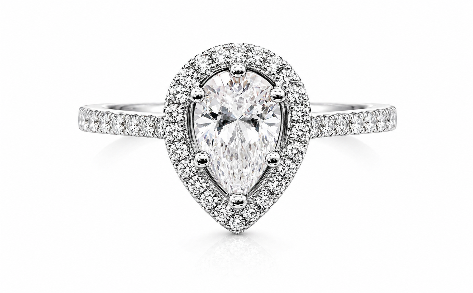 Pear Cut Moissanite Halo Engagement Ring 2CT | GRA Certified featuring a pear-shaped moissanite center stone surrounded by a halo of smaller stones on a diamond-accented band.