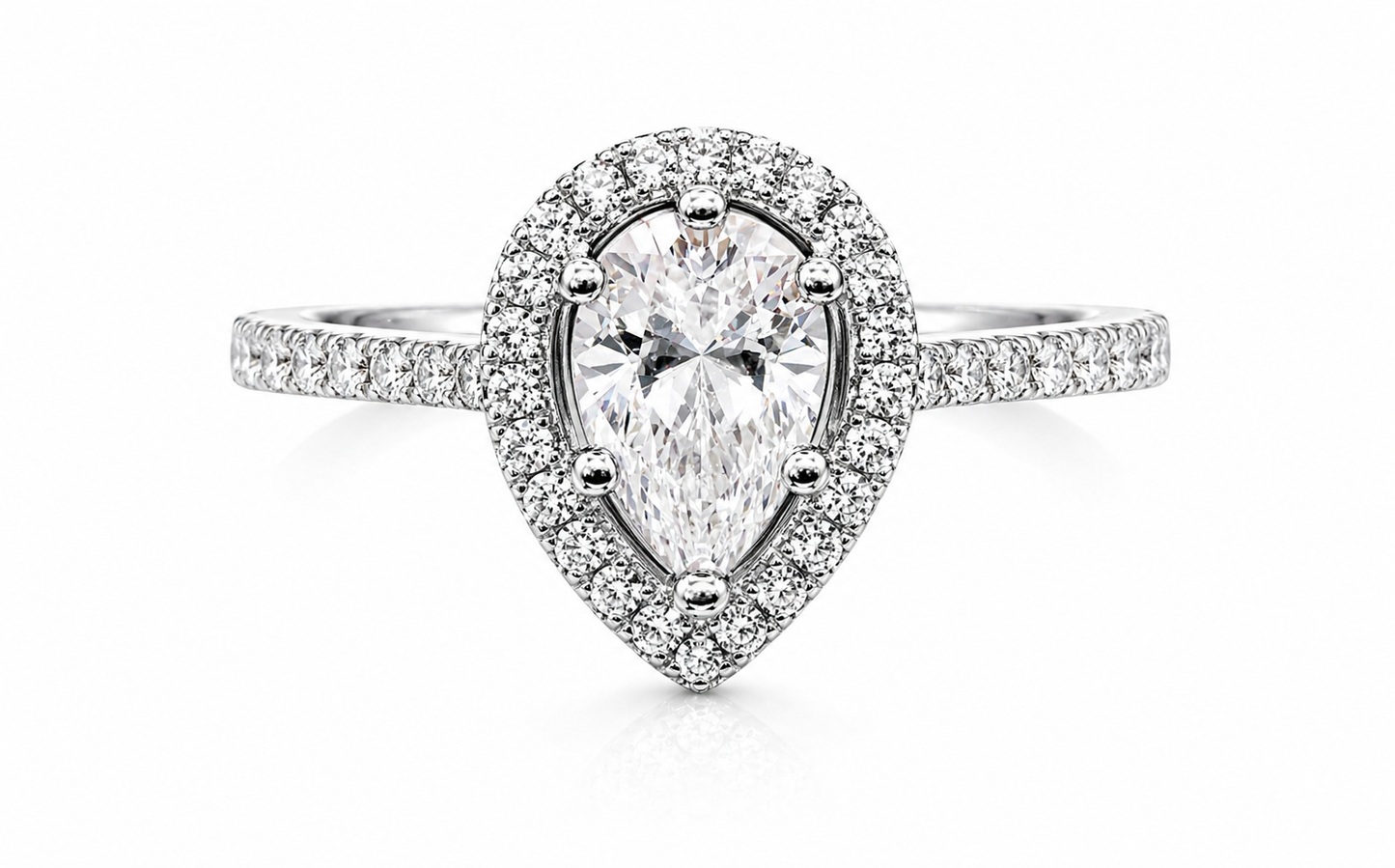 Pear Cut Moissanite Halo Engagement Ring 2CT | GRA Certified featuring a pear-shaped moissanite center stone surrounded by a halo of smaller stones on a diamond-accented band.