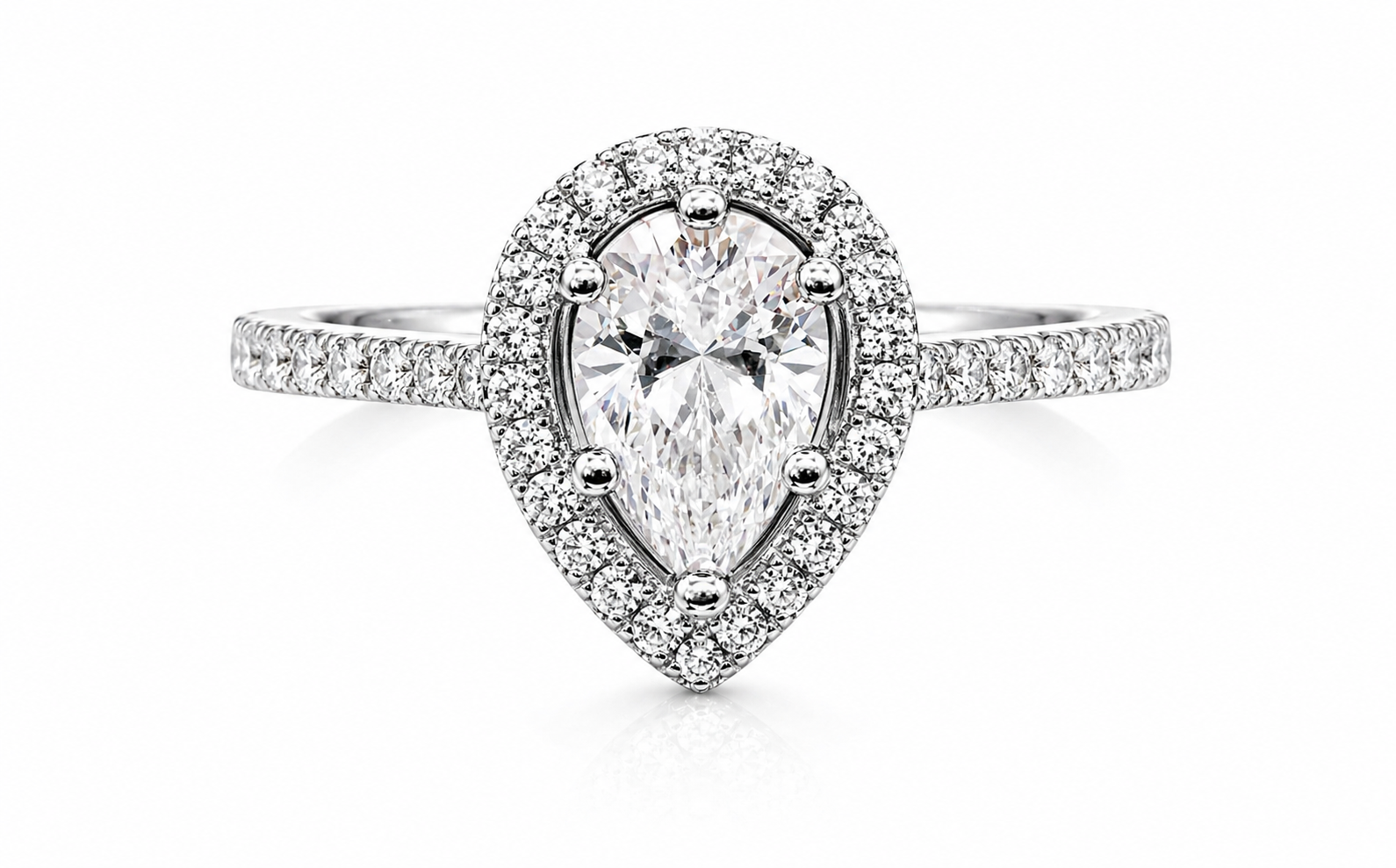 Pear Cut Moissanite Halo Engagement Ring 2CT | GRA Certified featuring a pear-shaped moissanite center stone surrounded by a halo of smaller stones on a diamond-accented band.
