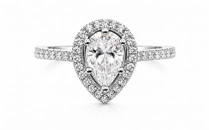 Pear Cut Moissanite Halo Engagement Ring 2CT | GRA Certified featuring a pear-shaped moissanite center stone surrounded by a halo of smaller stones on a diamond-accented band.