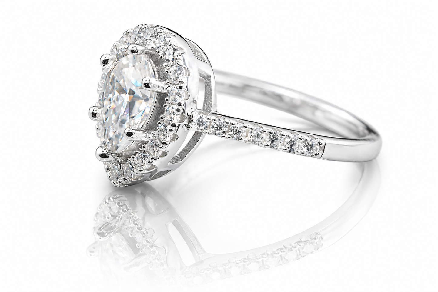Pear Cut Moissanite Halo Engagement Ring 2CT | GRA Certified featuring a pear-shaped center stone surrounded by a sparkling halo and set on a diamond-accented band.