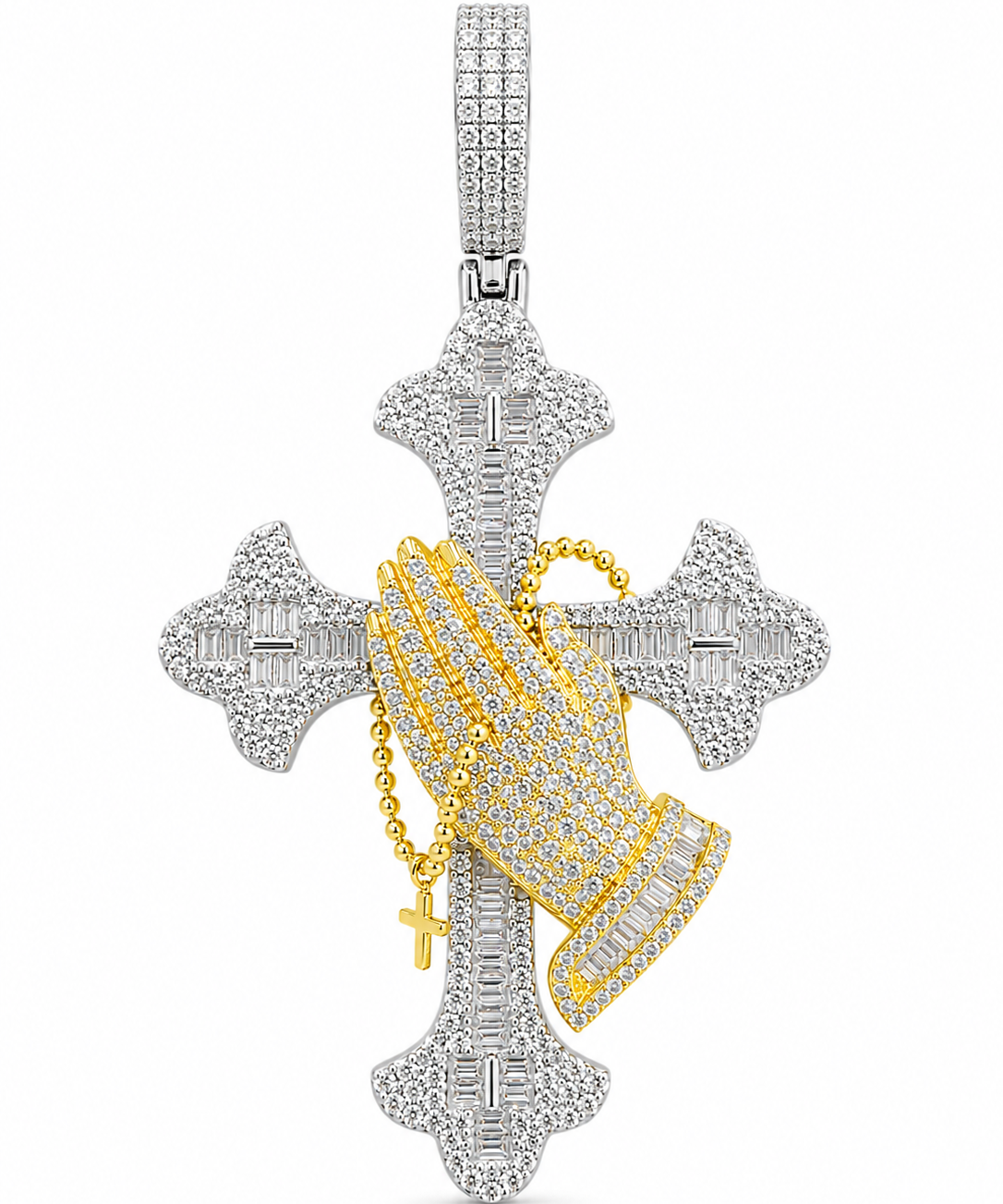 Yellow Gold Moissanite Praying Hands Cross Pendant