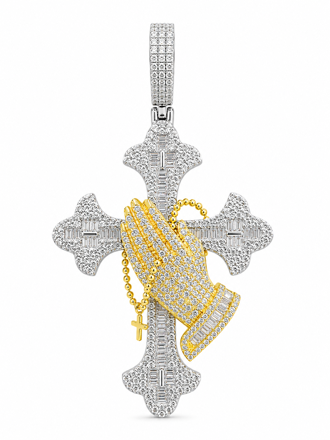 Yellow Gold Moissanite Praying Hands Cross Pendant