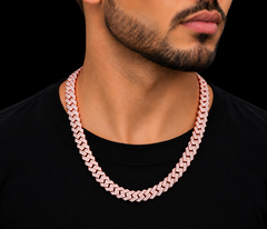 10mm moissanite Cuban link chain in rose gold plated 925 silver worn on neck, VVS D color GRA certified