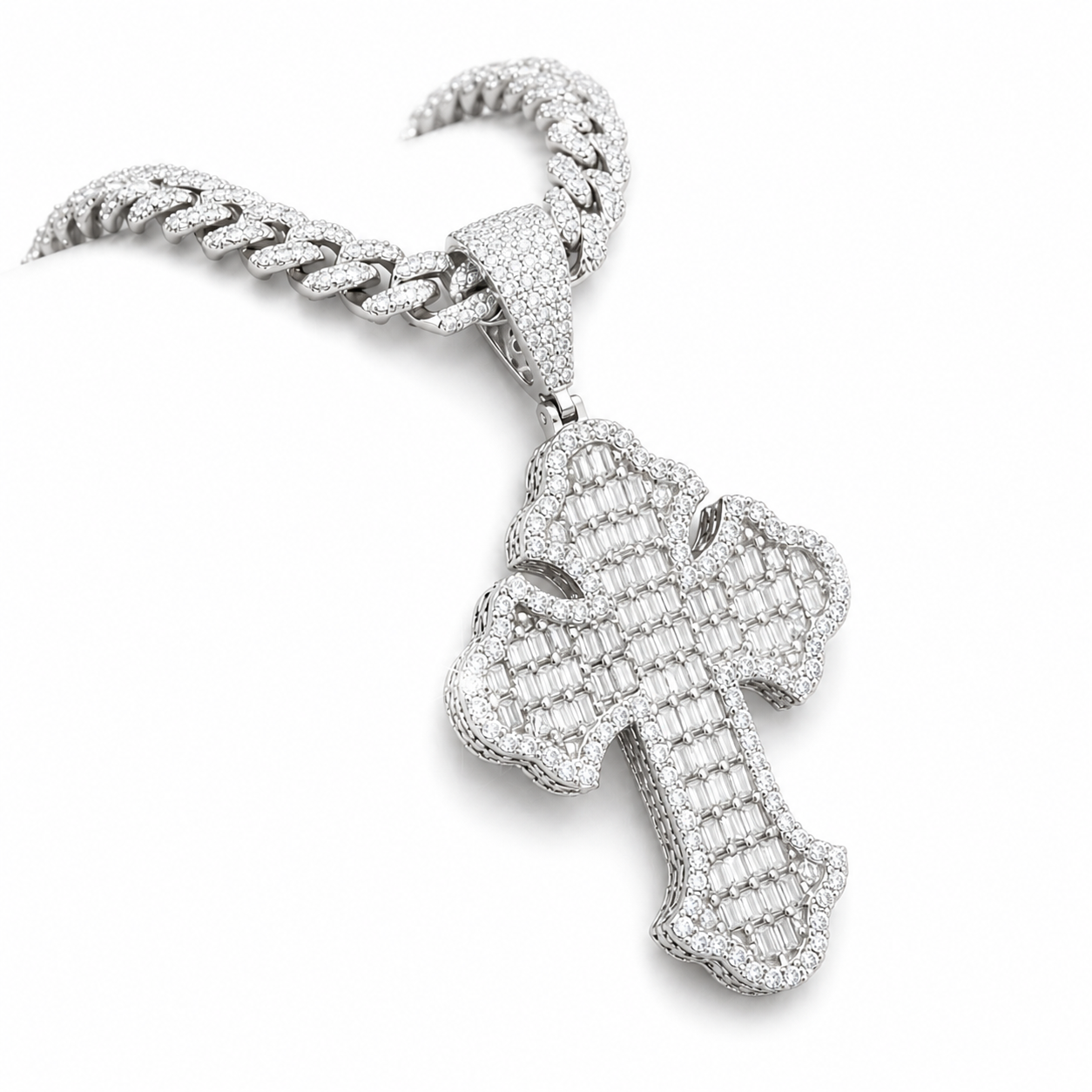Moissanite Baguette Gothic Cross Pendant | 11ct VVS D Color | 925 Silver | Iced Out