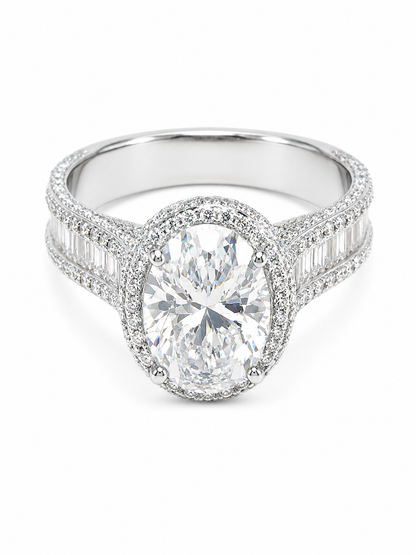 5 carat oval cut moissanite double halo engagement ring 925 sterling silver VVS D Color GRA certified passes diamond tester — Paradise Gems Atlanta