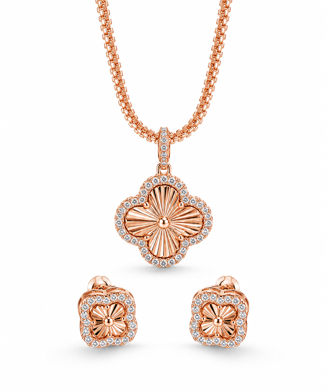Moissanite Clover Necklace & Earring Set | 2.5 Carat 925 Rose Gold | Diamond Cut Chain | GRA Certified VVS D Color
