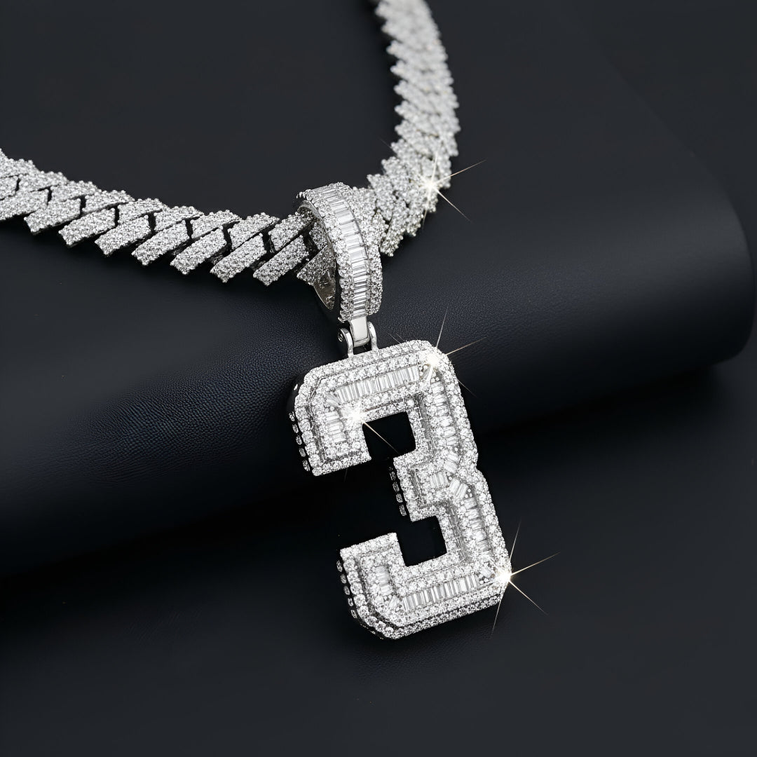 "0-9 " BAGUETTE STONE Style Numbers Charm with Moissanite Diamond VVS D Color | 925 SILVER | PASS DIAMOND TESTER!!!