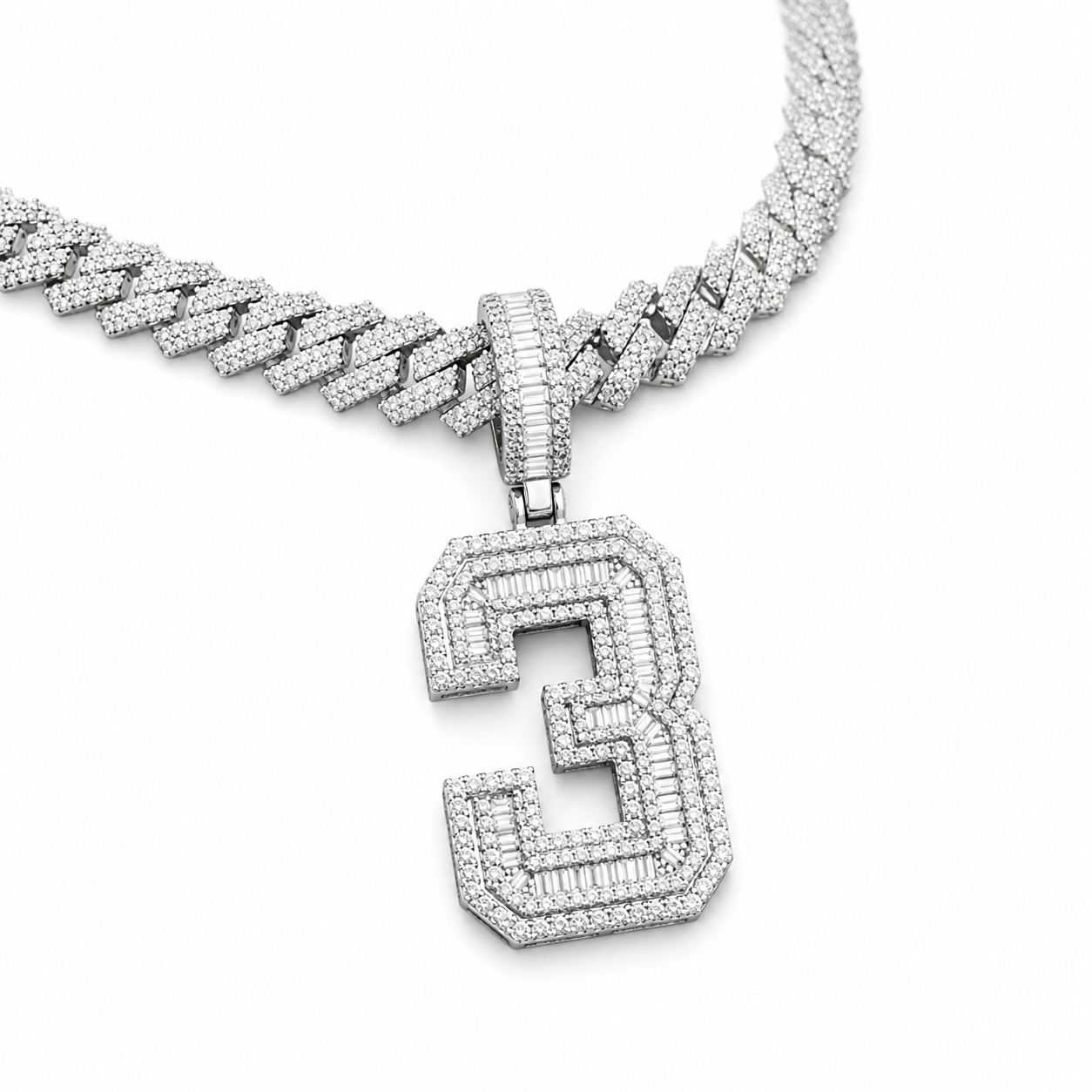 Custom Moissanite Baguette Number Pendant | 3ct VVS D Color | 925 Silver | Iced Out