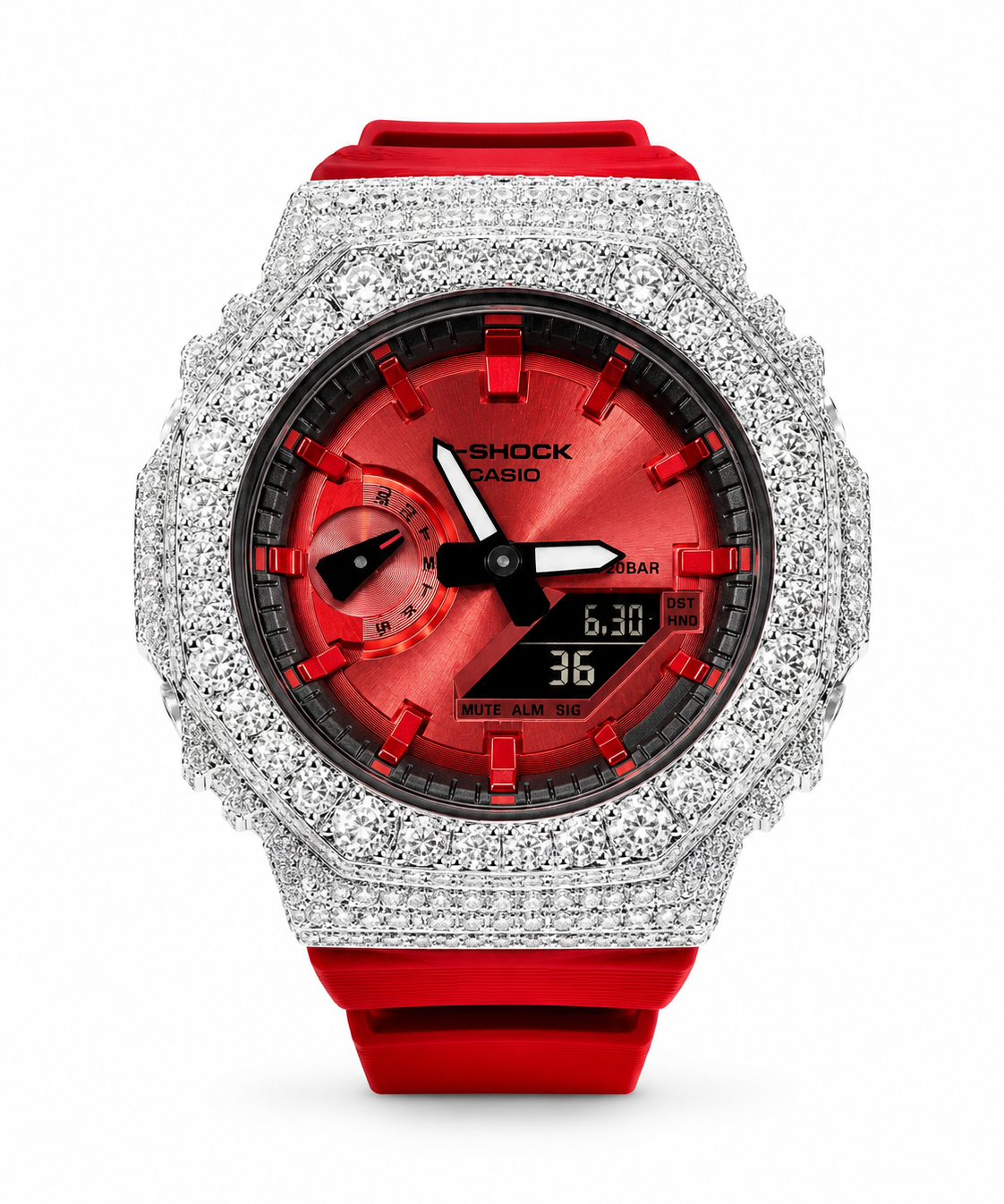 Red G-Shock Moissanite Watch, 11 carat VVS D Color moissanite bezel with red dial