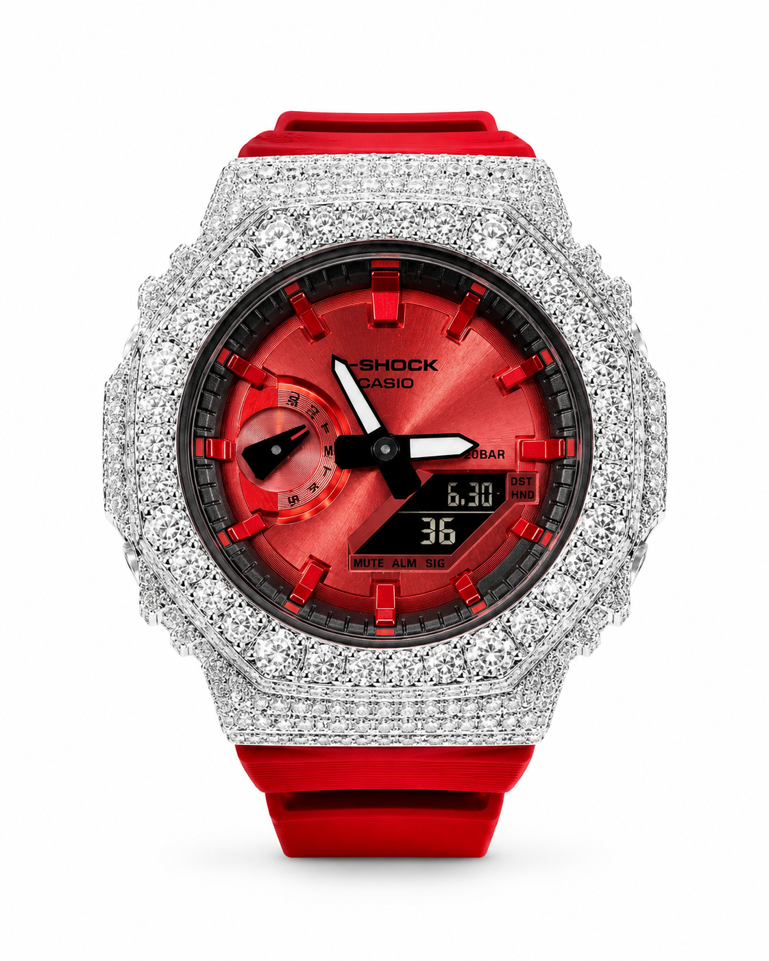 Red G-Shock Moissanite Watch, 11 carat VVS D Color moissanite bezel with red dial