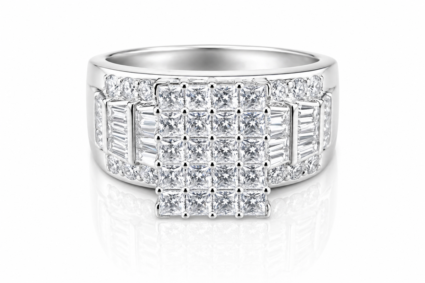 Princess Cut Moissanite Cinderella Ring 2CT | GRA Certified showcasing a sparkling cluster of princess cut stones set in a polished band with additional side accents.