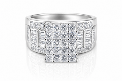Princess Cut Moissanite Cinderella Ring 2CT | GRA Certified showcasing a sparkling cluster of princess cut stones set in a polished band with additional side accents.