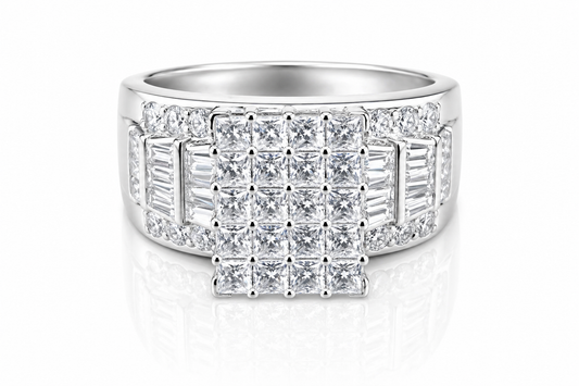 Princess Cut Moissanite Cinderella Ring 2CT | GRA Certified showcasing a sparkling cluster of princess cut stones set in a polished band with additional side accents.