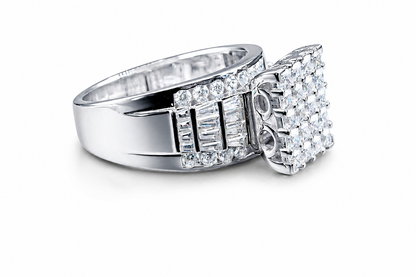 Close-up of a sparkling silver ring featuring a princess cut center stone surrounded by smaller diamonds, showcasing the Princess Cut Moissanite Cinderella Ring 2CT | GRA Certified.