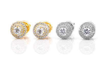 Moissanite Round Double Pave Halo Stud Earrings 9MM — VVS D Color GRA Certified 925 Silver