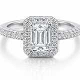 GRA certified 2CT emerald cut moissanite halo engagement ring in 925 sterling silver