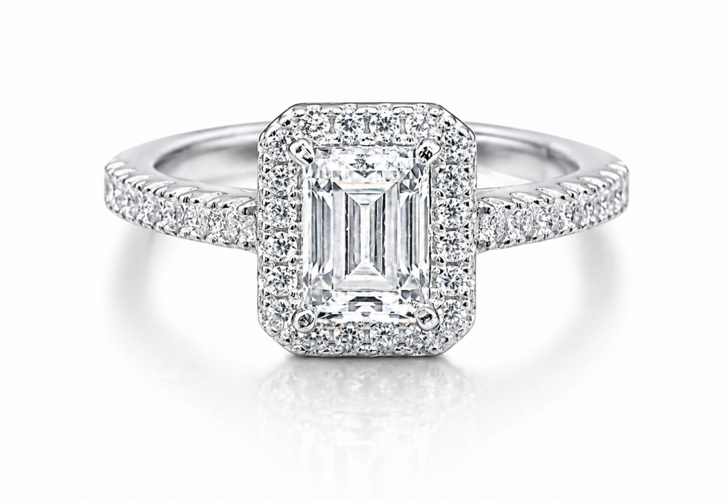 GRA certified 2CT emerald cut moissanite halo engagement ring in 925 sterling silver