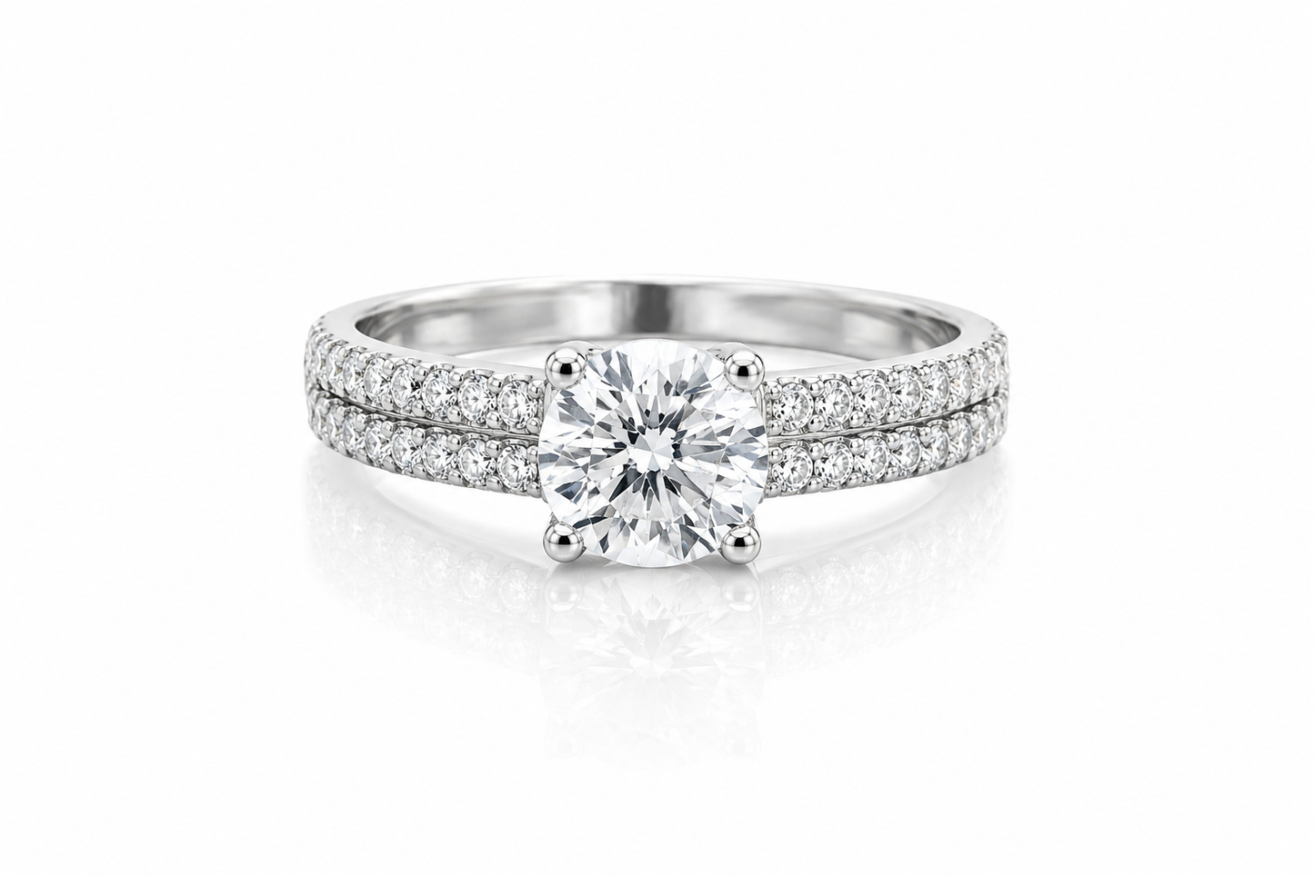 Round Moissanite Solitaire Ring with Accents 1.28CT | GRA Certified featuring a sparkling central stone and a double row of smaller accent stones on a polished band, perfect for women seeking elegant rings.