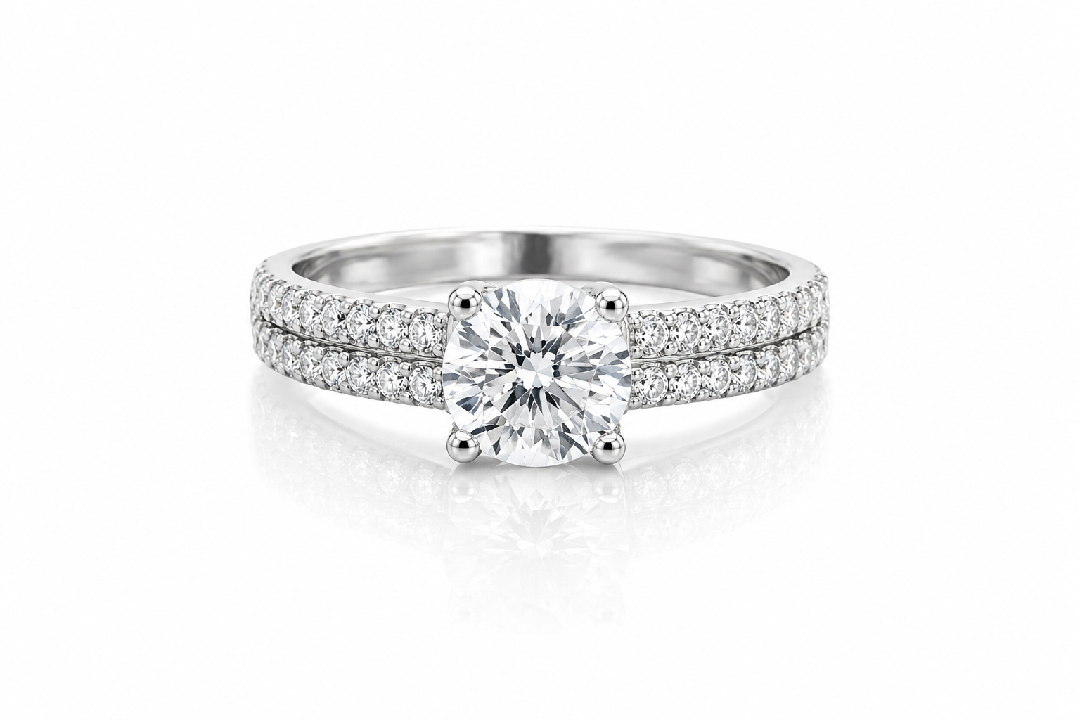 Round Moissanite Solitaire Ring with Accents 1.28CT | GRA Certified featuring a sparkling central stone and a double row of smaller accent stones on a polished band, perfect for women seeking elegant rings.