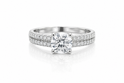 Round Moissanite Solitaire Ring with Accents 1.28CT | GRA Certified featuring a sparkling central stone and a double row of smaller accent stones on a polished band, perfect for women seeking elegant rings.