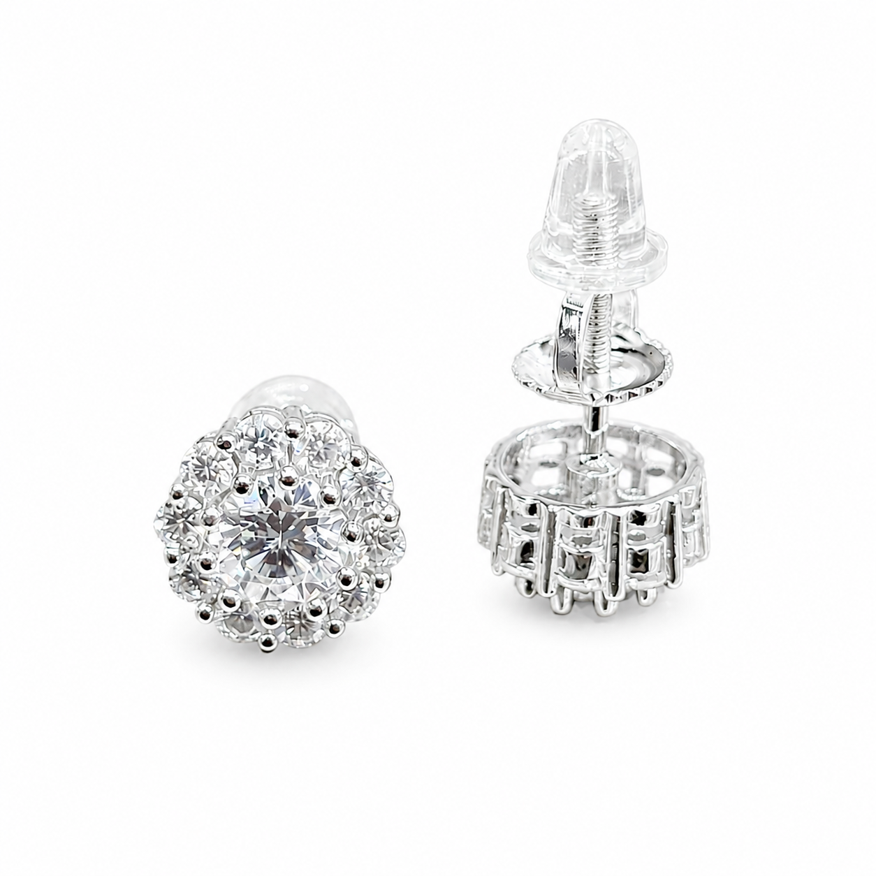 Moissanite halo stud earrings 1CT 9.5MM screw back VVS D color GRA certified 925 silver Atlanta Paradise Gems