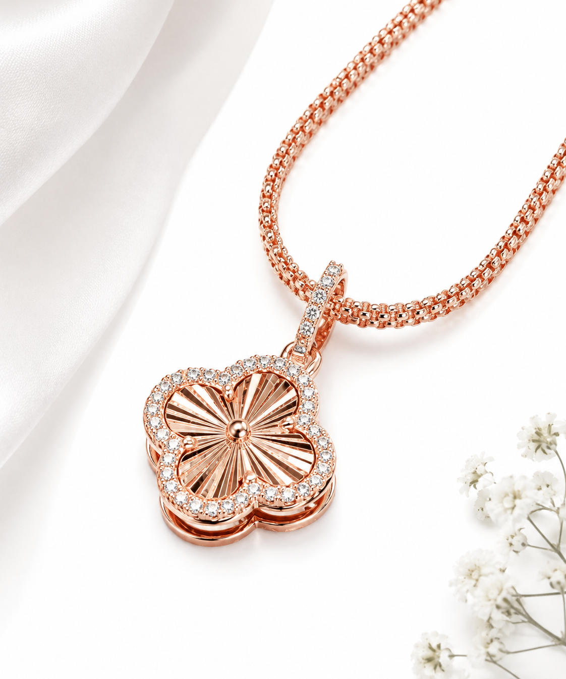 Moissanite clover necklace rose gold GRA certified close up