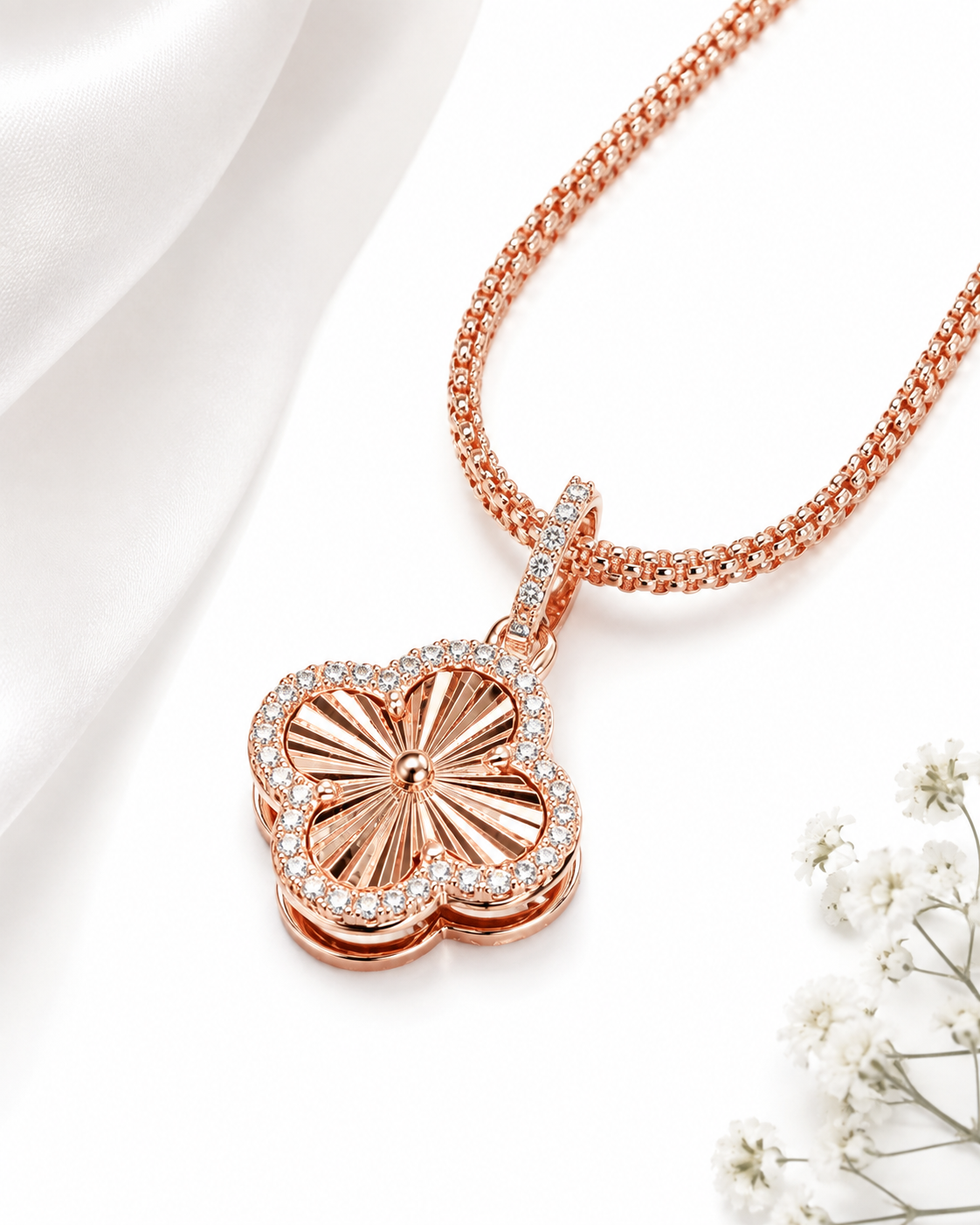 Moissanite clover necklace rose gold GRA certified close up