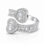 Moissanite Baguette Open Heart Ring | GRA Certified Diamond Approved featuring two open heart shapes adorned with baguette and round cut stones on a polished band.