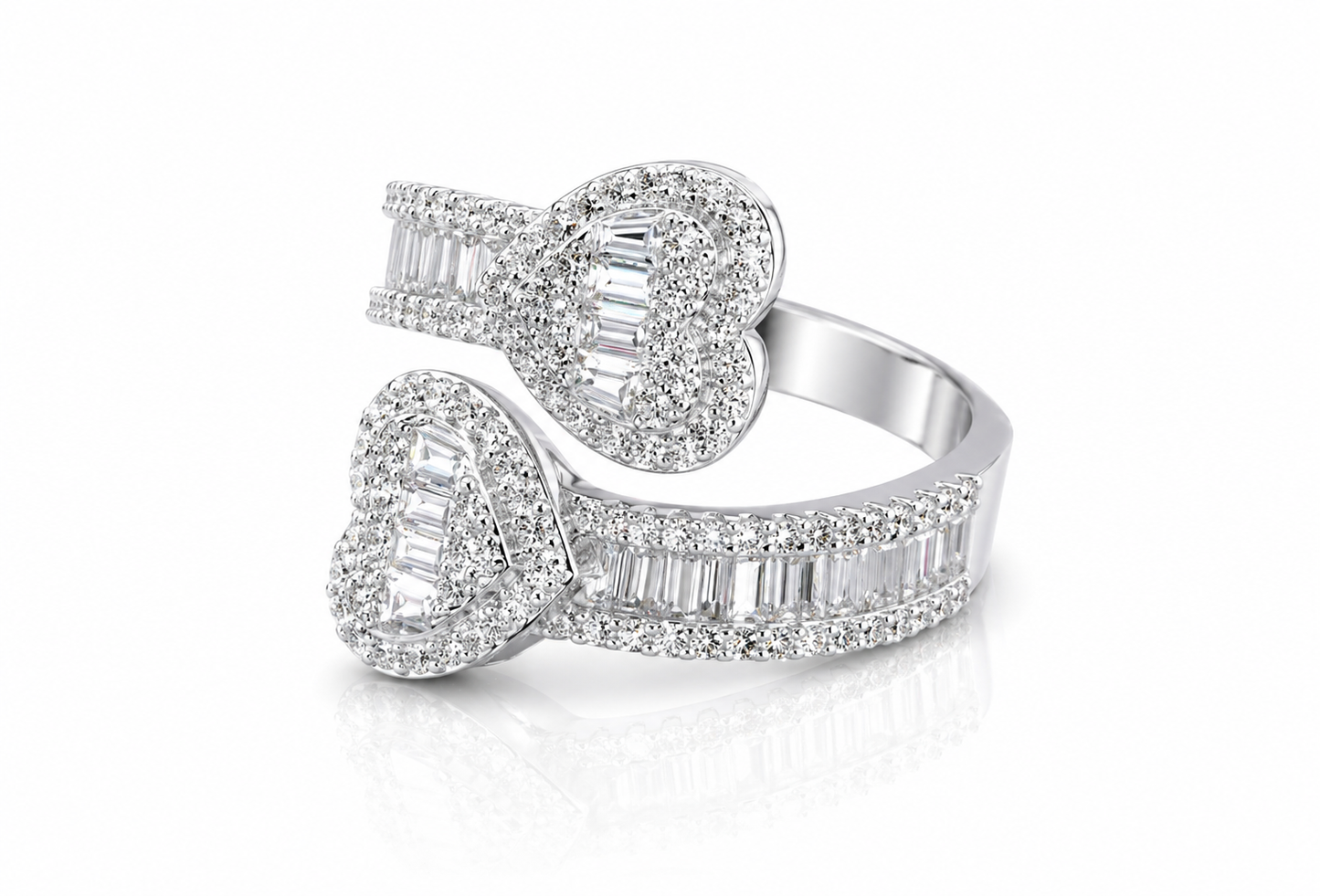 Moissanite Baguette Open Heart Ring | GRA Certified Diamond Approved featuring two open heart shapes adorned with baguette and round cut stones on a polished band.
