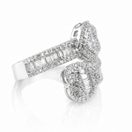 Elegant silver ring featuring baguette and round stones in an open heart design, Moissanite Baguette Open Heart Ring | GRA Certified Diamond Approved, perfect for women’s jewellery collections.