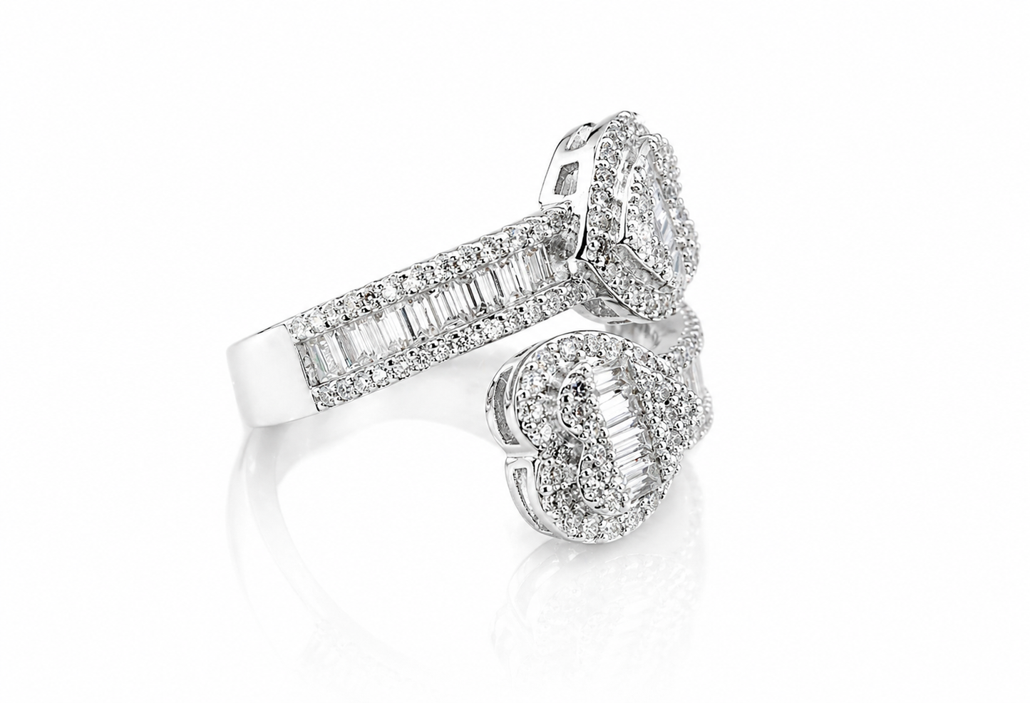 Elegant silver ring featuring baguette and round stones in an open heart design, Moissanite Baguette Open Heart Ring | GRA Certified Diamond Approved, perfect for women’s jewellery collections.