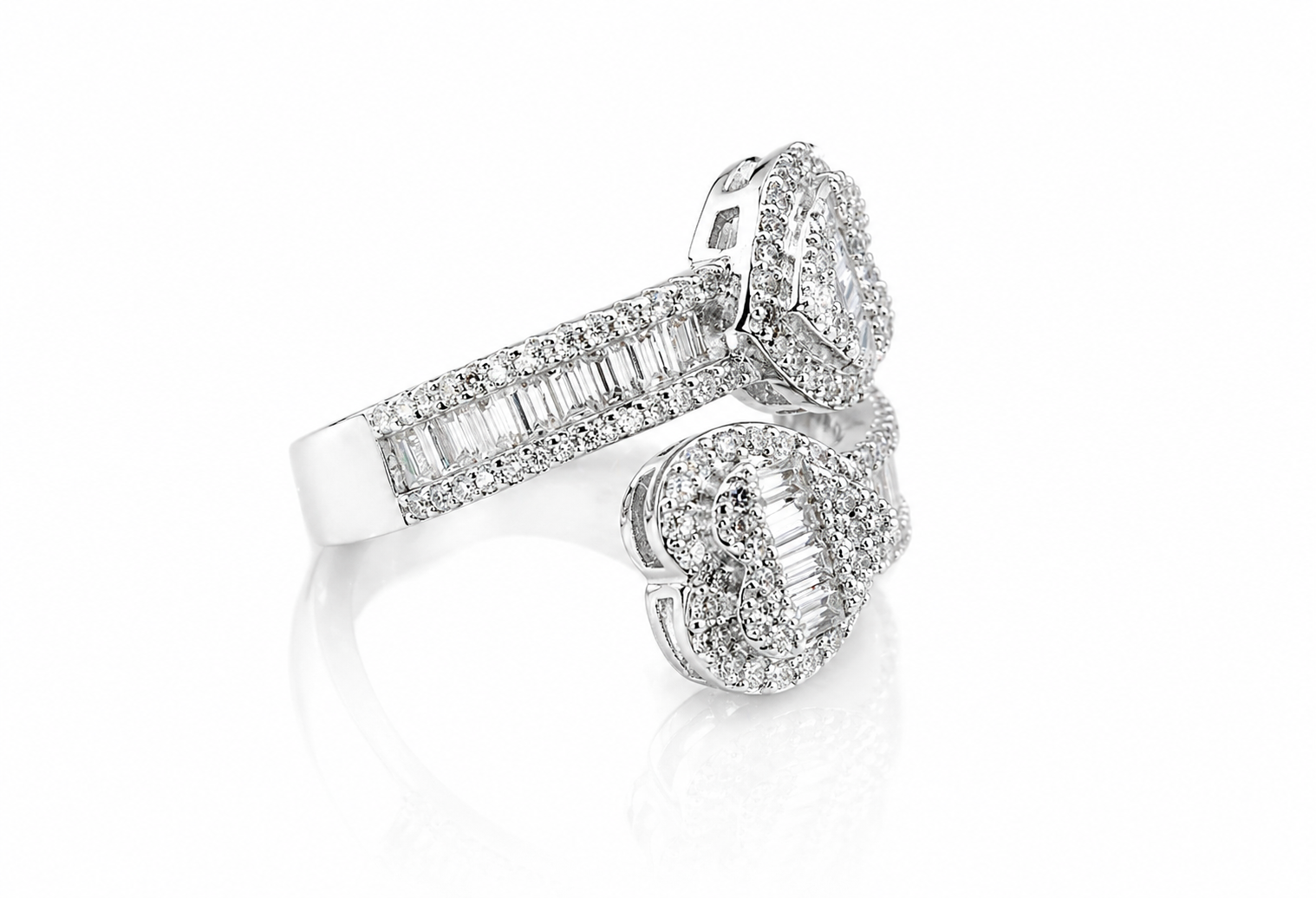 Elegant silver ring featuring baguette and round stones in an open heart design, Moissanite Baguette Open Heart Ring | GRA Certified Diamond Approved, perfect for women’s jewellery collections.