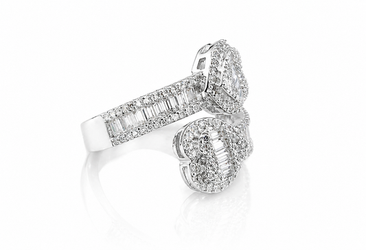 Elegant silver ring featuring baguette and round stones in an open heart design, Moissanite Baguette Open Heart Ring | GRA Certified Diamond Approved, perfect for women’s jewellery collections.