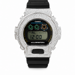 Iced out G-Shock DW6900 digital moissanite watch 925 sterling silver bezel 11 carat VVS D Color GRA certified black strap illuminator Paradise Gems Atlanta