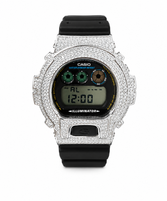 Iced out G-Shock DW6900 digital moissanite watch 925 sterling silver bezel 11 carat VVS D Color GRA certified black strap illuminator Paradise Gems Atlanta