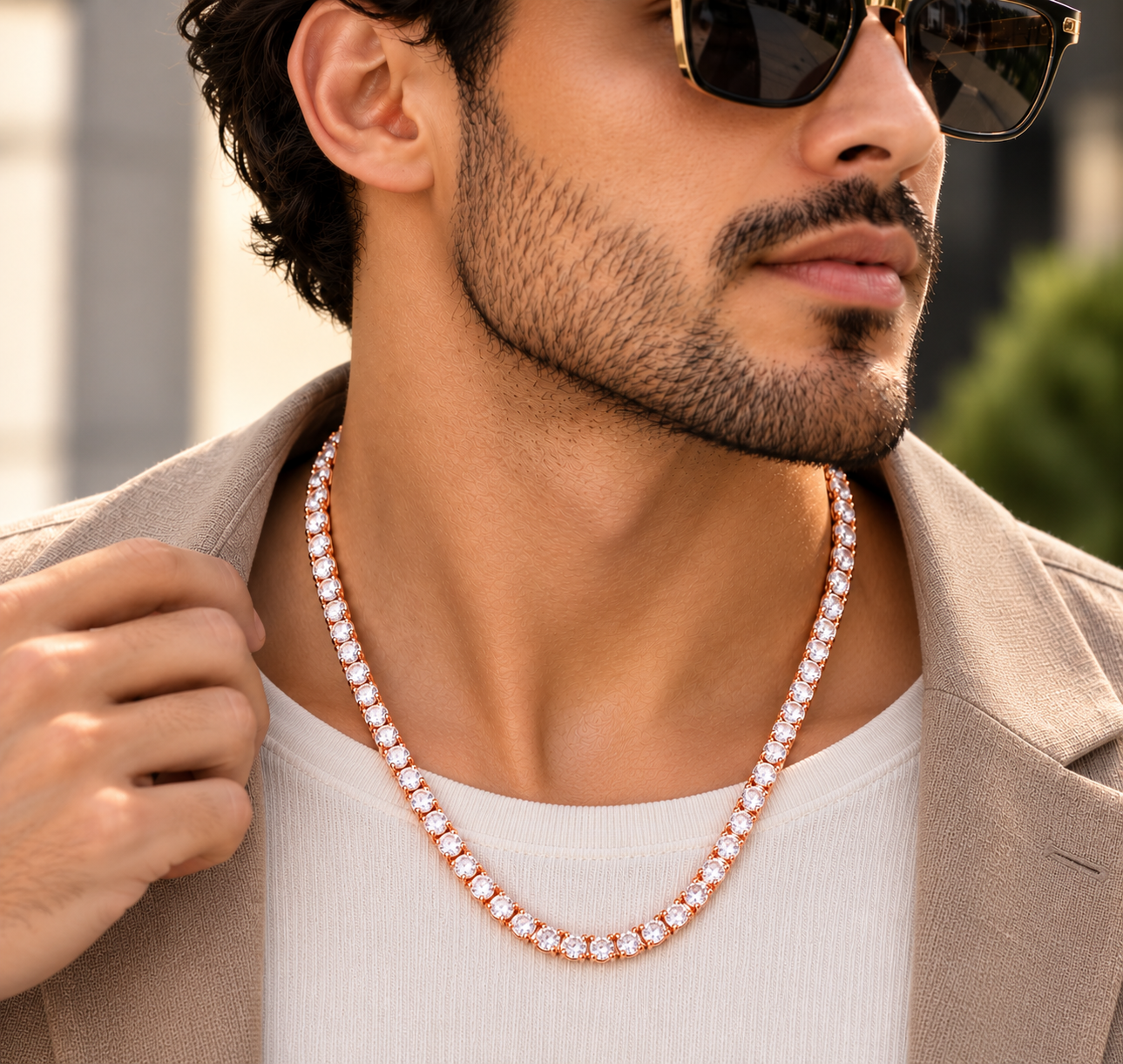 3mm moissanite tennis chain in rose gold plated 925 silver worn on neck, VVS D color