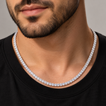 4mm moissanite tennis chain in 925 sterling silver worn on neck, VVS D color GRA certified