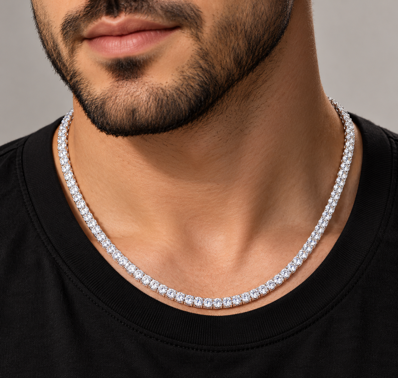 4mm moissanite tennis chain in 925 sterling silver worn on neck, VVS D color GRA certified