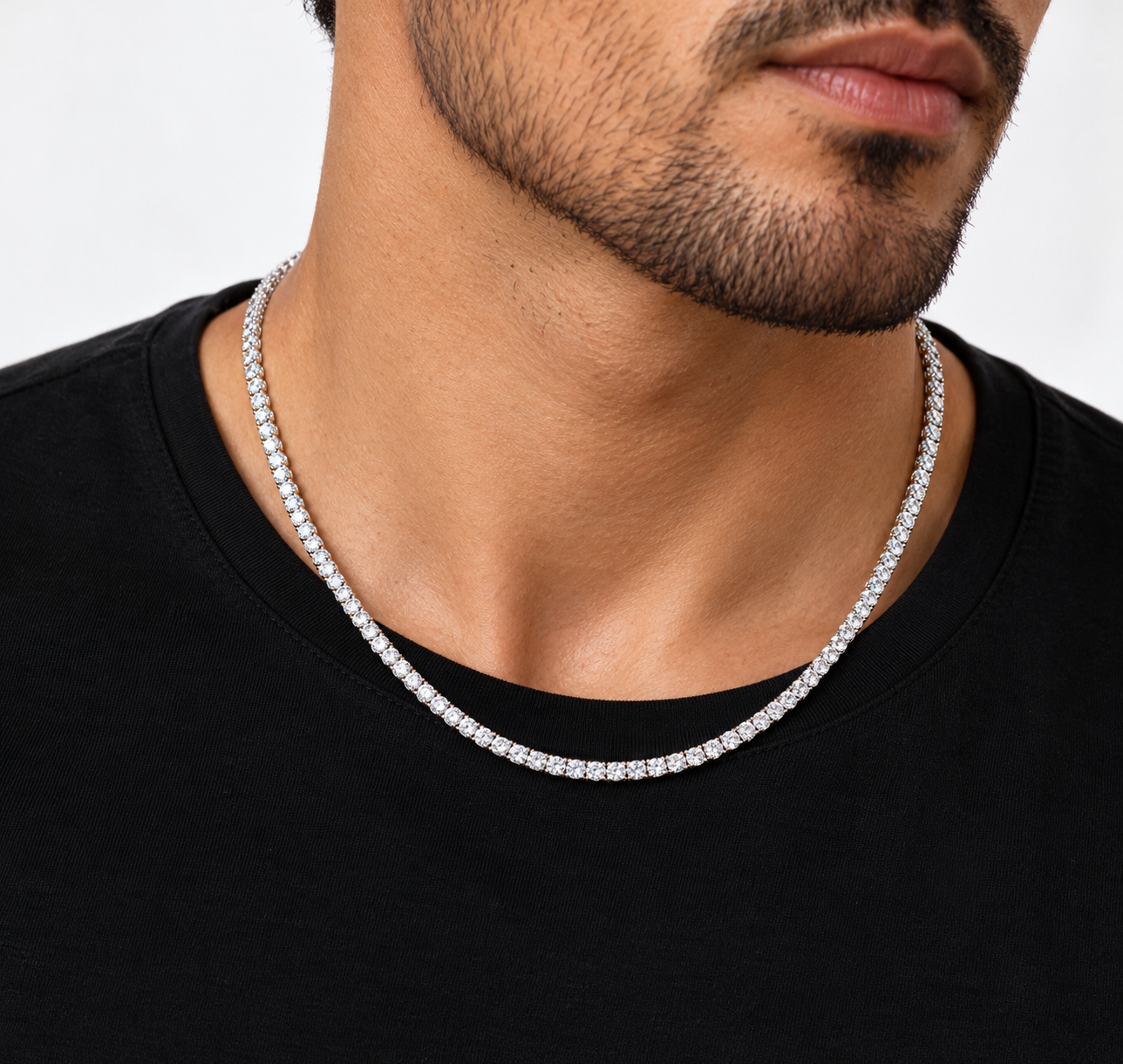 3mm moissanite tennis chain in 925 sterling silver worn by man, VVS D color GRA certified