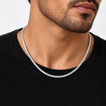 3mm moissanite tennis chain in 925 sterling silver worn by man, VVS D color GRA certified
