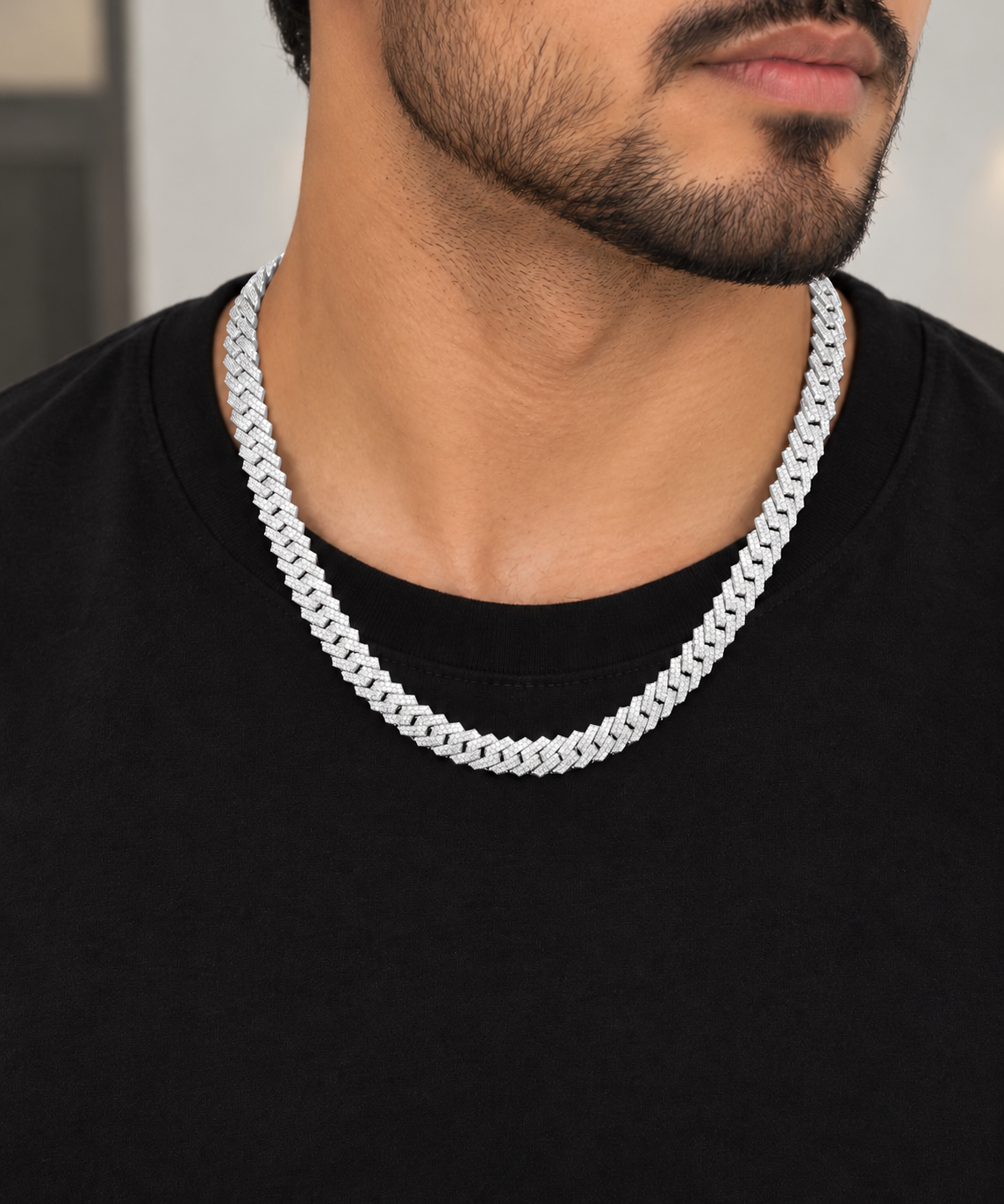 8mm moissanite Cuban link chain in 925 sterling silver worn on neck, VVS D color GRA certified