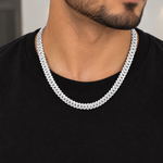 8mm moissanite Cuban link chain in 925 sterling silver worn on neck, VVS D color GRA certified
