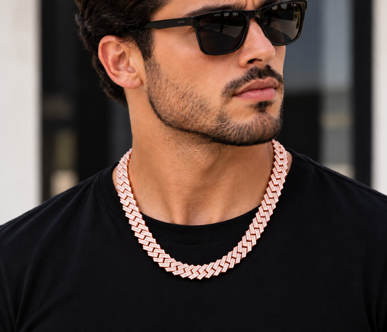 12mm moissanite Cuban link chain in rose gold plated 925 silver worn on neck, VVS D color GRA certified